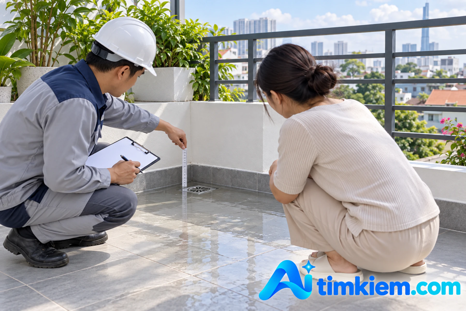 Kh&aacute;ch h&agrave;ng v&agrave; kỹ thuật vi&ecirc;n theo d&otilde;i khu vực thử nước khi nghiệm thu chống thấm