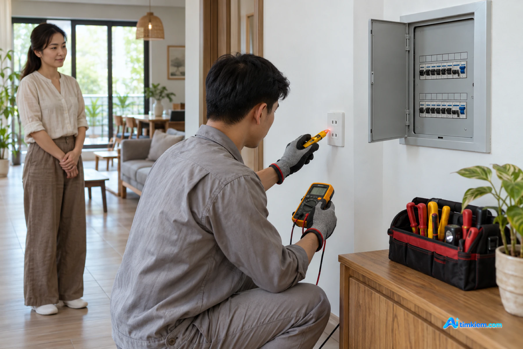 Kỹ thuật vi&ecirc;n kiểm tra aptomat v&agrave; ổ cắm c&oacute; dấu hiệu mất an to&agrave;n điện