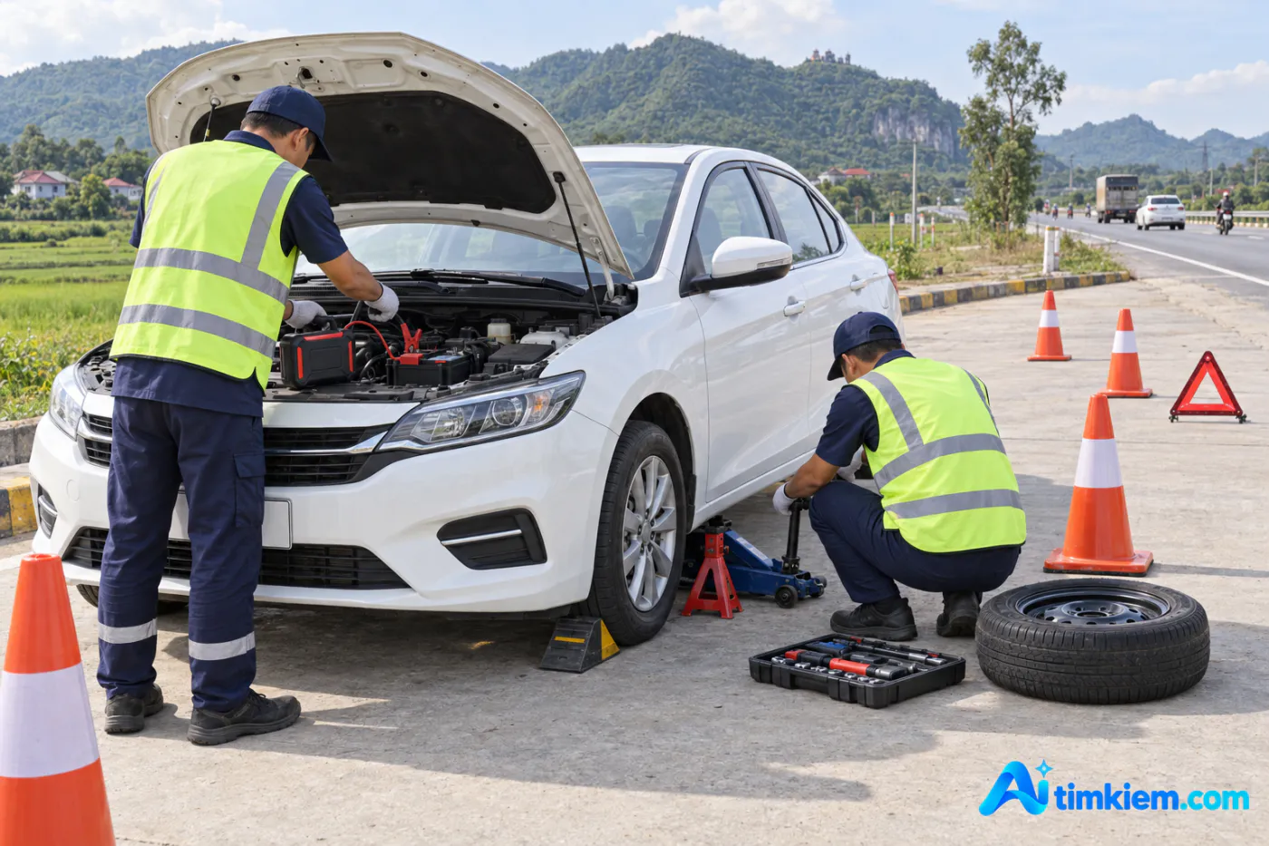 Kỹ thuật viên hỗ trợ kích bình và xử lý lốp ô tô lưu động