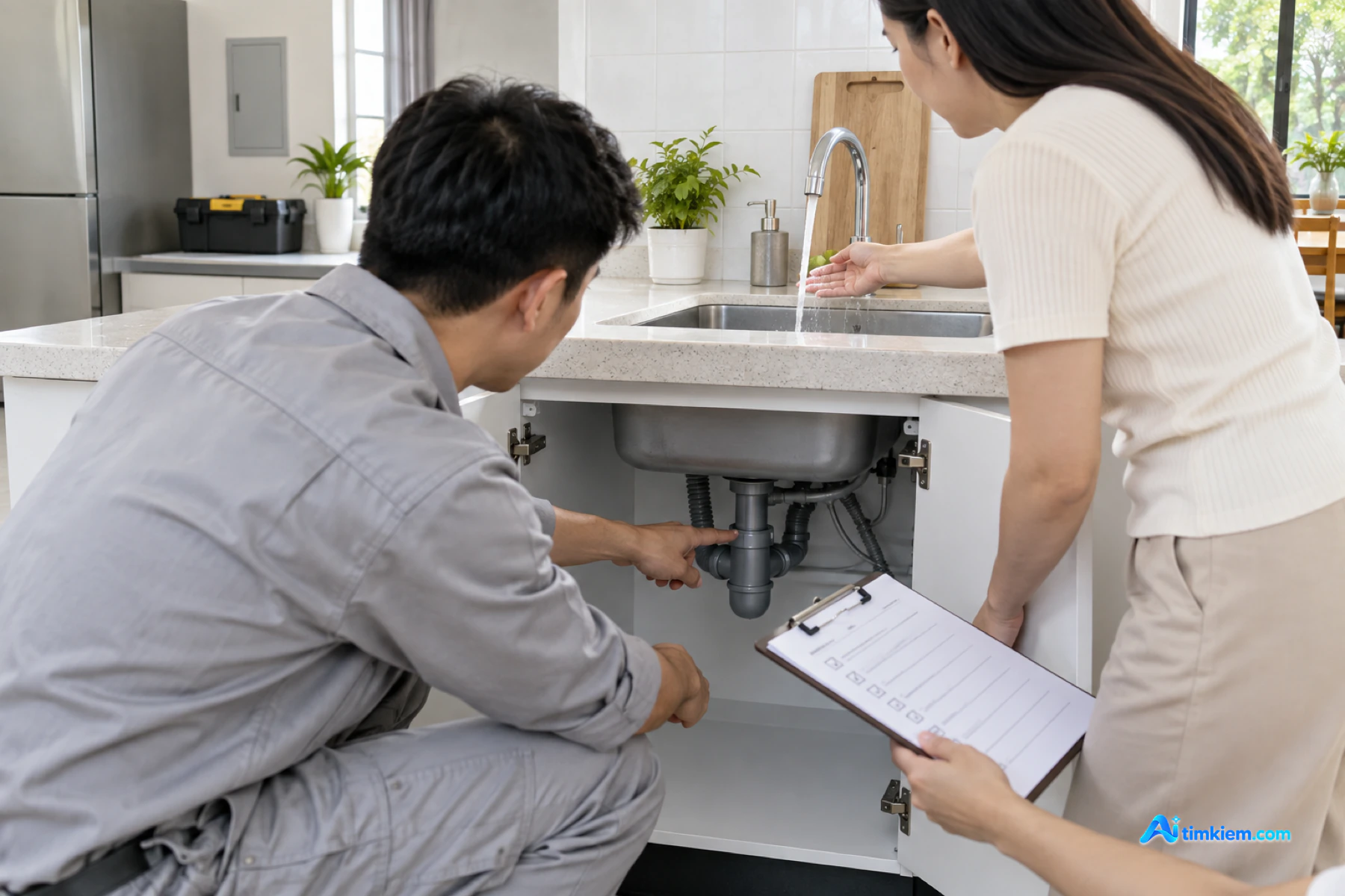 Kh&aacute;ch h&agrave;ng v&agrave; kỹ thuật vi&ecirc;n kiểm tra lại điện nước sau sửa chữa