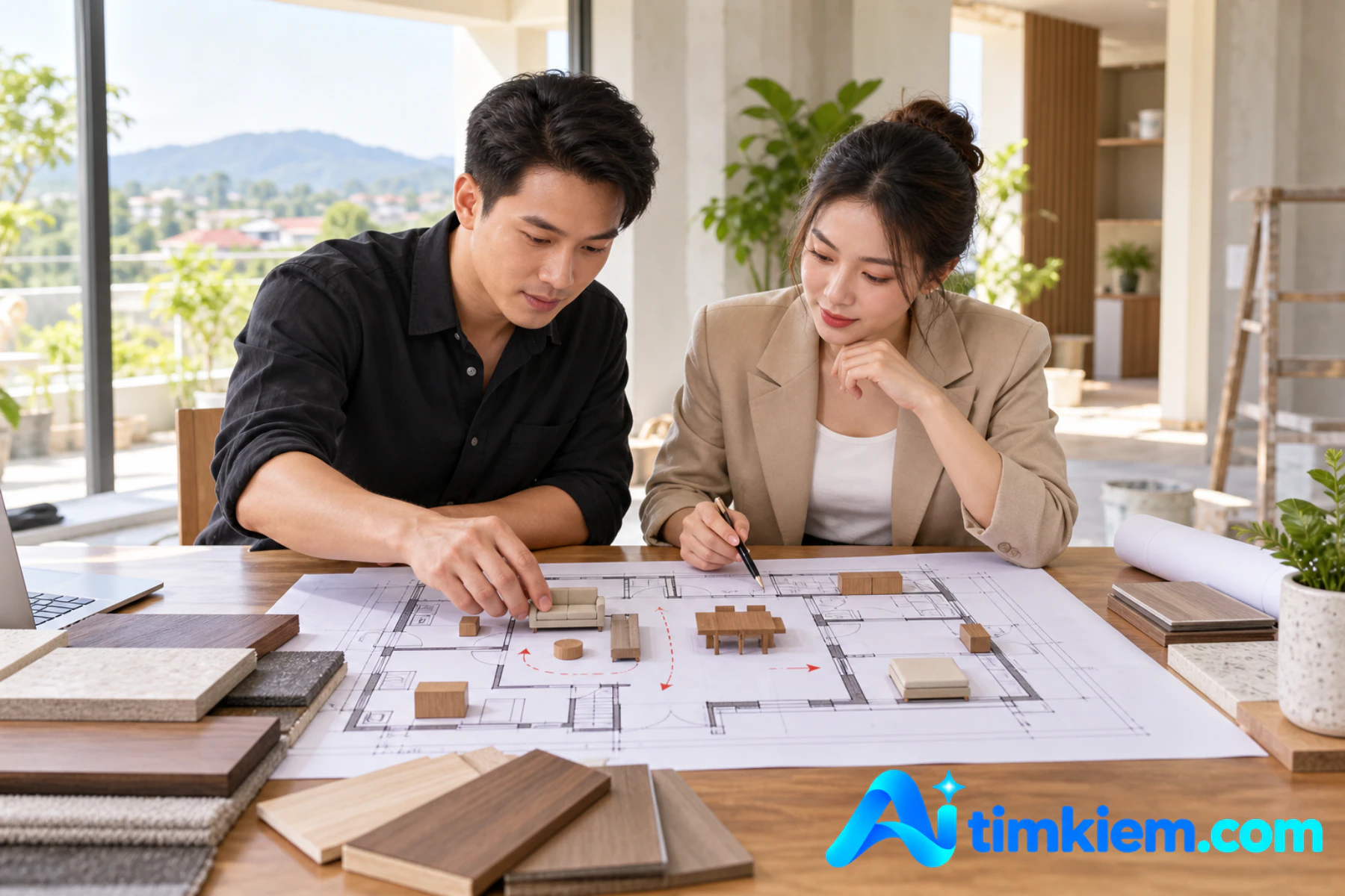 Chủ nh&agrave; v&agrave; người thiết kế chốt c&ocirc;ng năng tr&ecirc;n mặt bằng nội thất