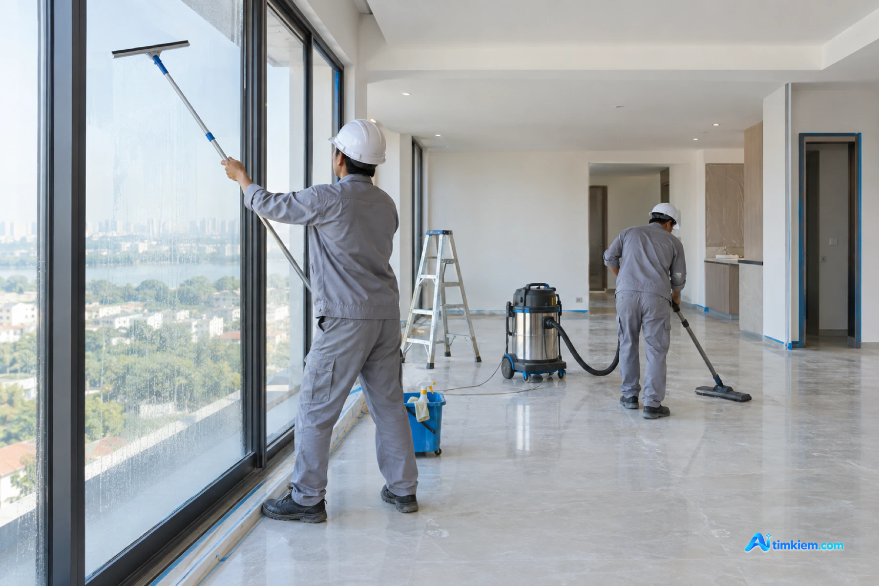 Nhân viên làm sạch kính và sàn tại công trình sau xây dựng ở Nghệ An